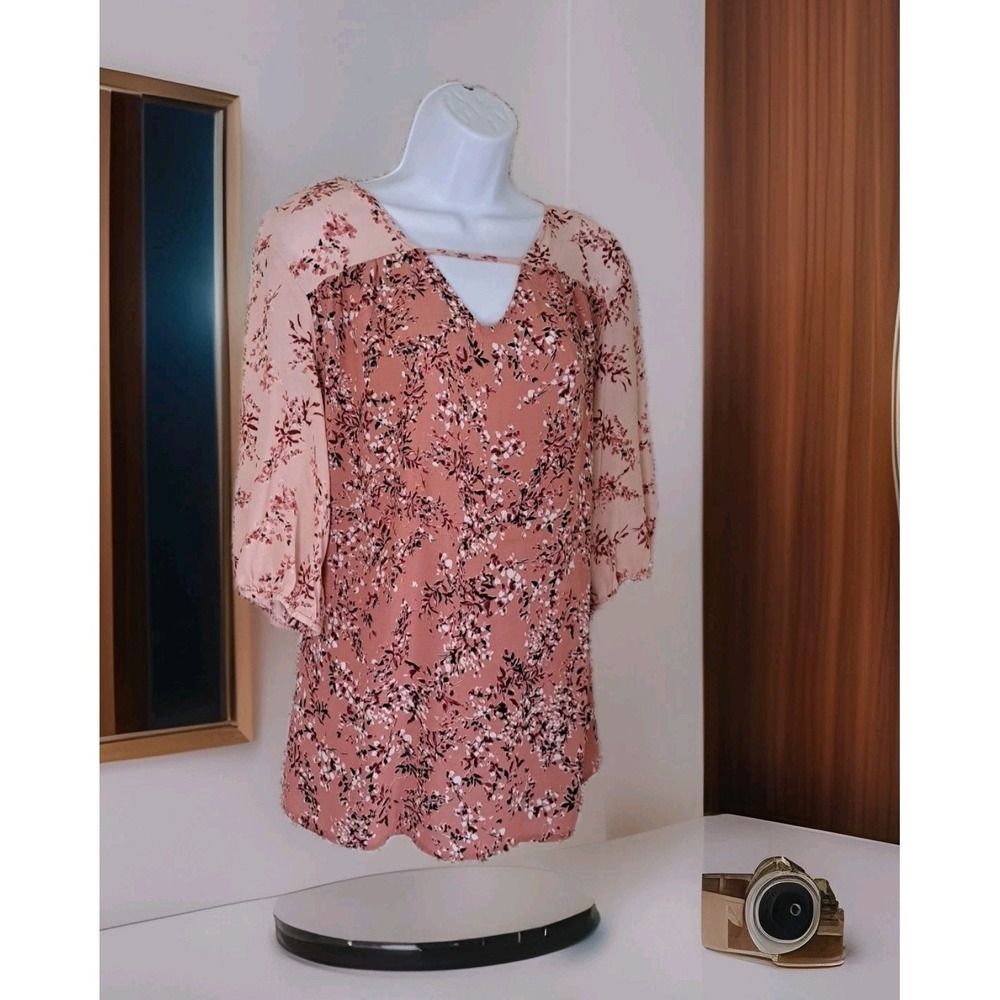 Como Blu Popover Top M Pink Floral V-neck 3/4 Sleeve Peasant Beachy Boho Hippie